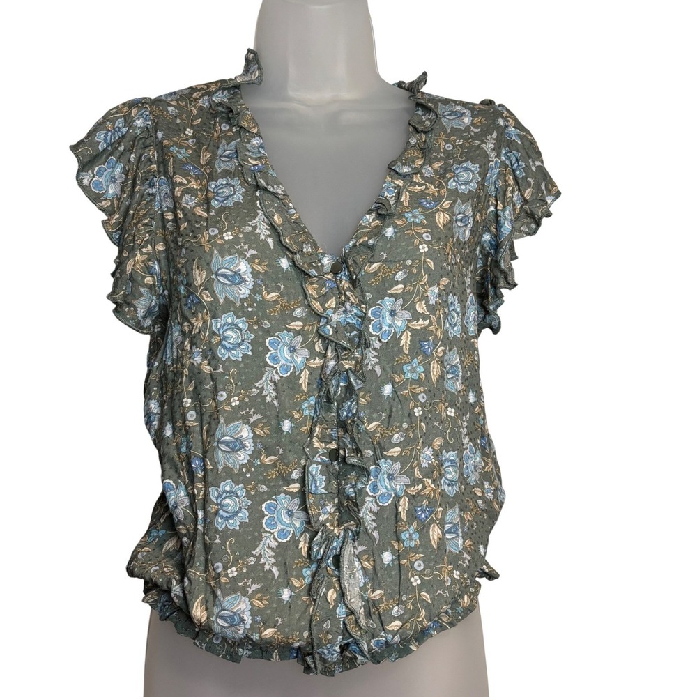 Status by Chenault Sz Small Floral Ruffle Blouse Olive Blue Bohemian‎ Romantic
